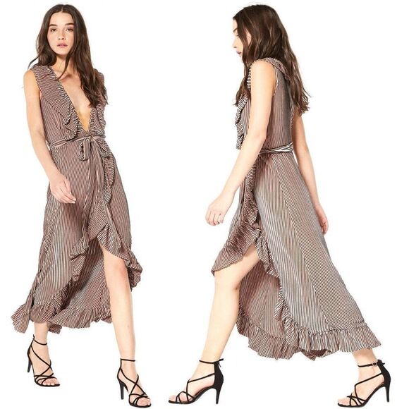 MISA Stripe Velvet Ruffle Wrap Midi ‘EVE’ Dress M Plunged V Neck Fairy Romantic - Picture 12 of 14